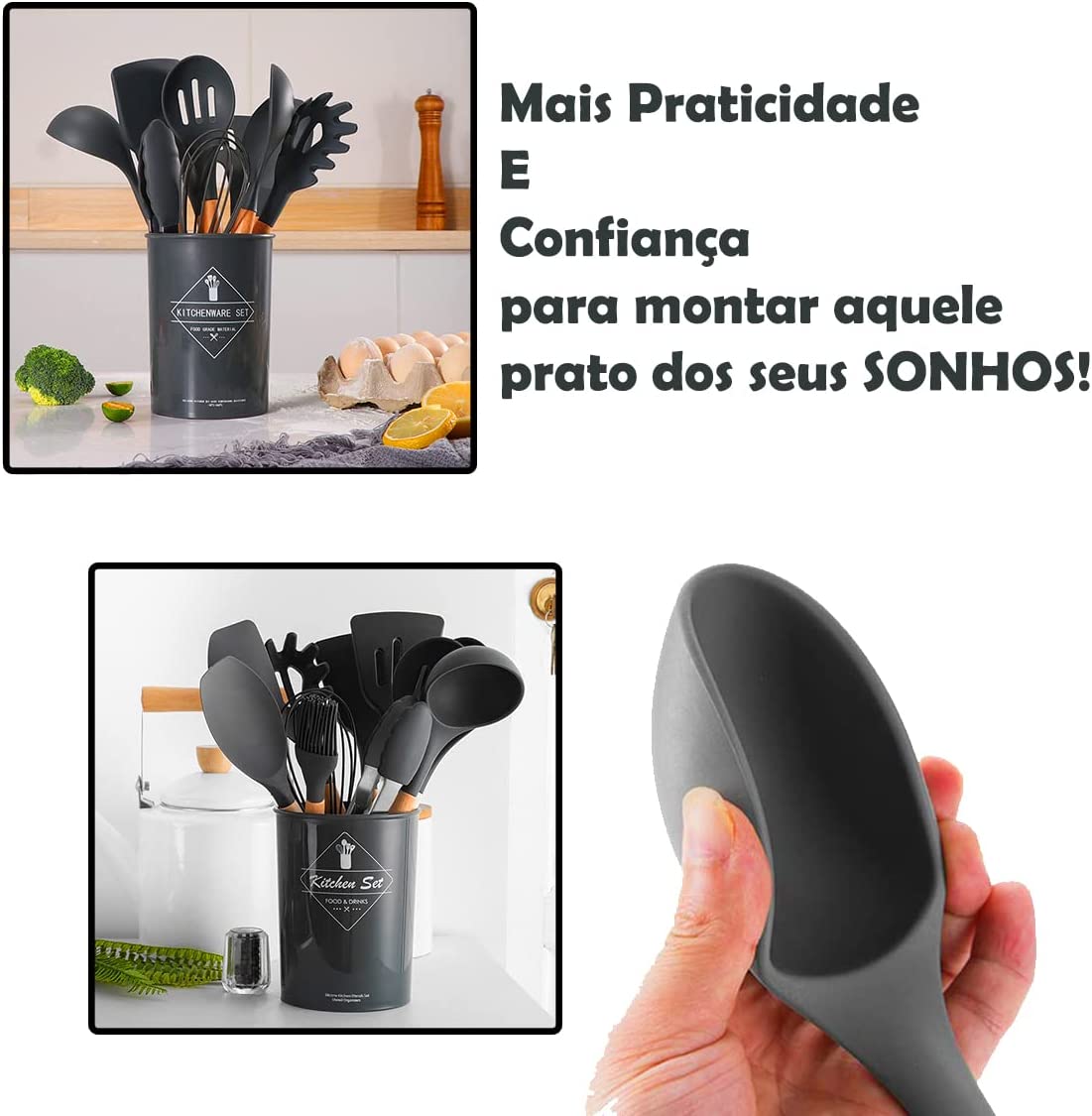 Kit com 12 Utensílios De Cozinha em Silicone e Madeira de Bamboo