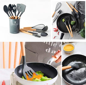 Kit com 12 Utensílios De Cozinha em Silicone e Madeira de Bamboo