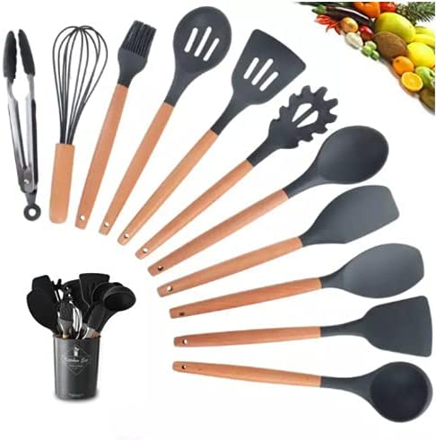 Kit com 12 Utensílios De Cozinha em Silicone e Madeira de Bamboo