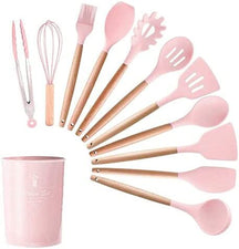 Kit com 12 Utensílios De Cozinha em Silicone e Madeira de Bamboo