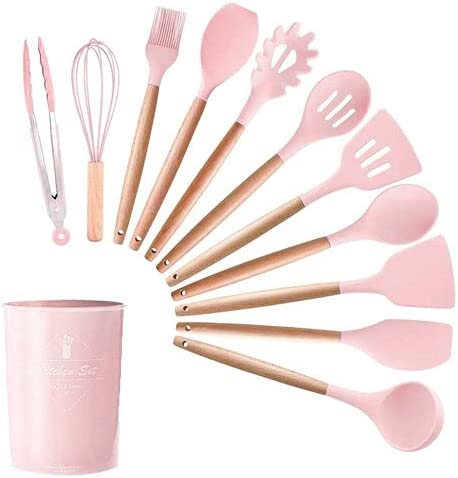 Kit com 12 Utensílios De Cozinha em Silicone e Madeira de Bamboo