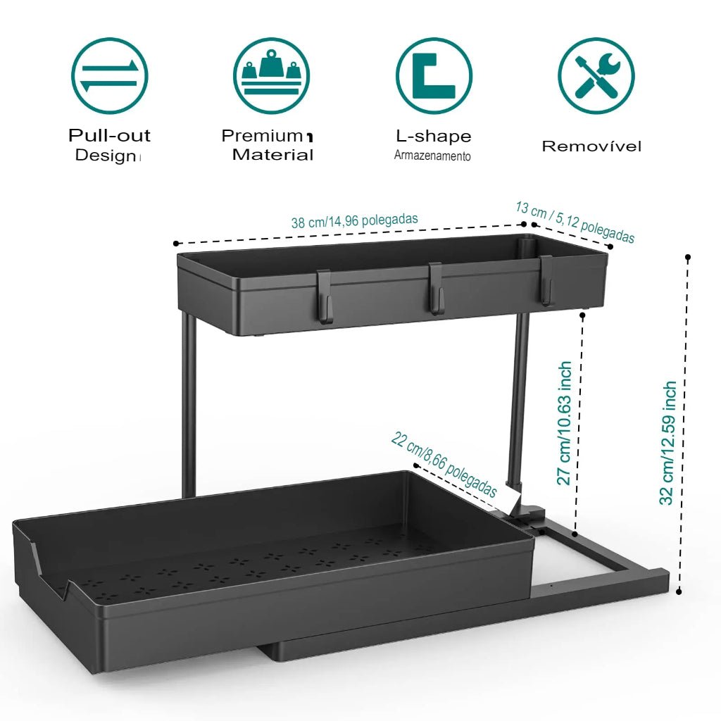 Prateleira Organizadora Deslizante de 2 Níveis em L para Gabinete de Cozinha e Banheiro